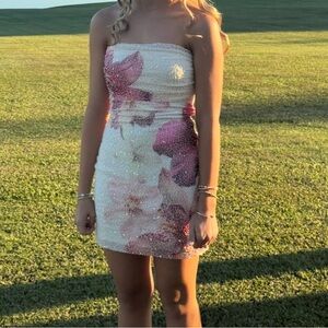 Elegant beaded Pink and White hoco Strapless Dress